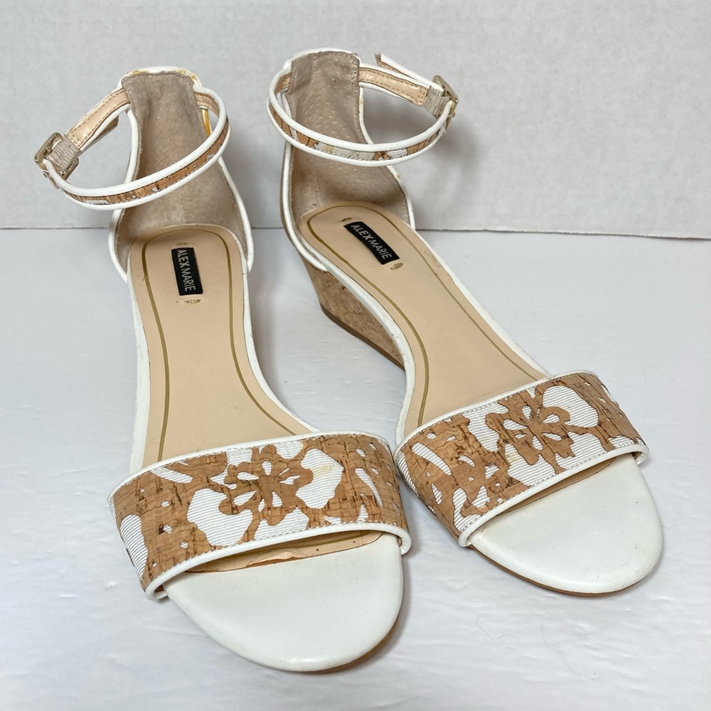 ALEX MARIE Ankle Strap Cork Wedge Sandals Fabric & Cork Floral Cut-outs Size 7.5 - Picture 2 of 14
